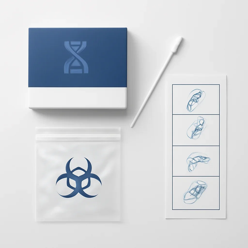 Close view of a home pharmacogenetic testing kit and instructions