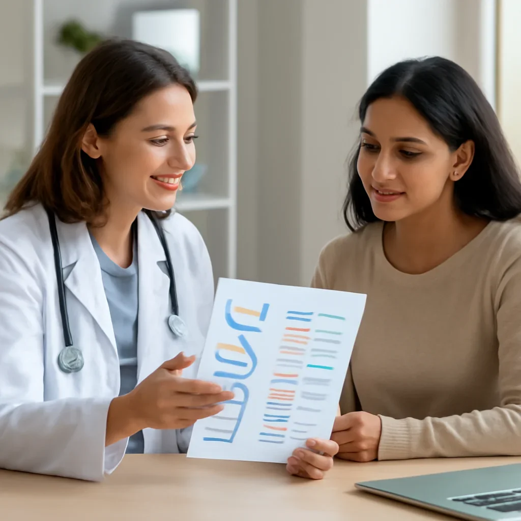 Clinician and patient discussing a medication-focused genetic report