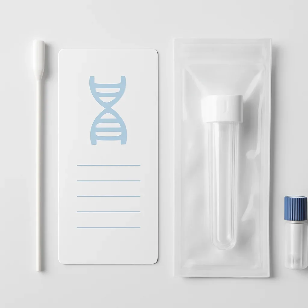 Close view of a home pharmacogenetic testing kit and instructions