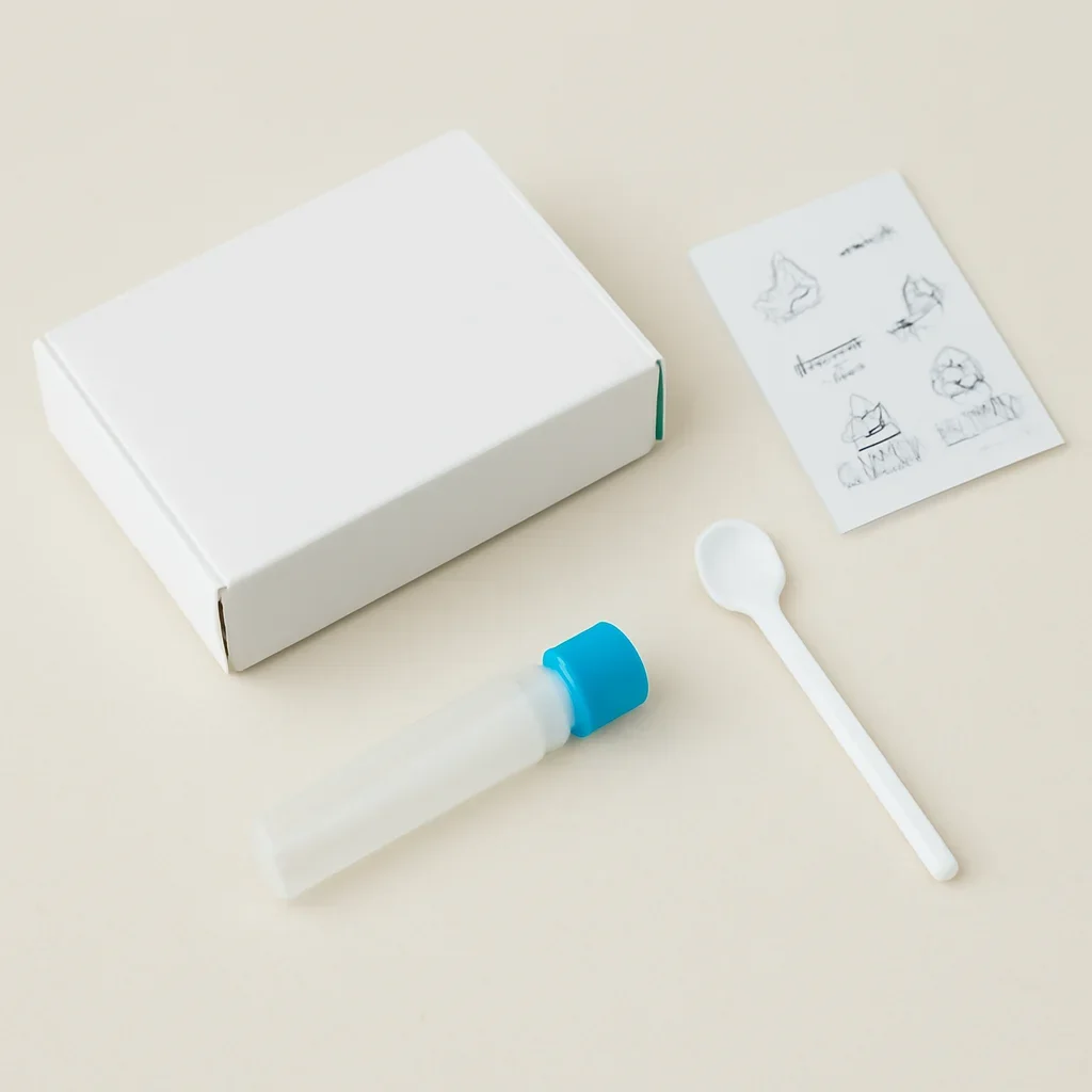 Microbiome stool sample kit with collection guide on a clean countertop