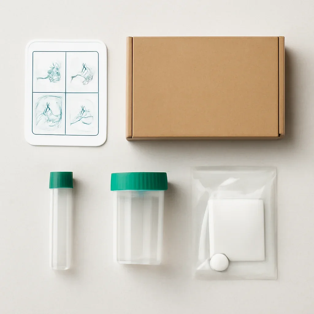 Microbiome stool sample kit with collection guide on a clean countertop