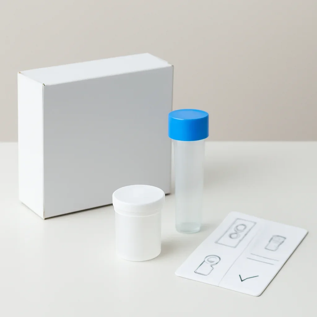 Microbiome stool sample kit with collection guide on a clean countertop