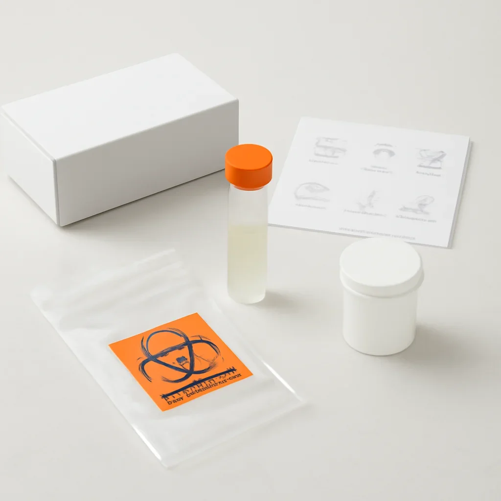 Microbiome stool sample kit with collection guide on a clean countertop