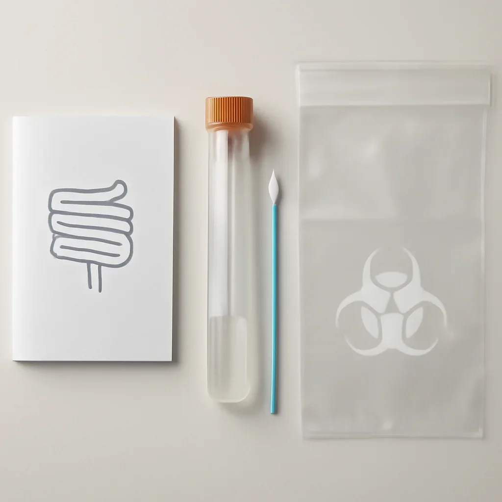 Microbiome stool sample kit with collection guide on a clean countertop