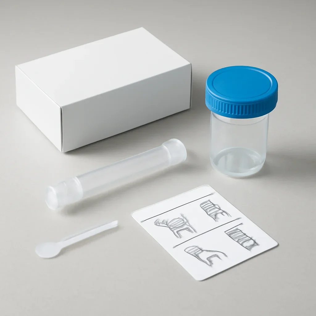 Microbiome stool sample kit with collection guide on a clean countertop