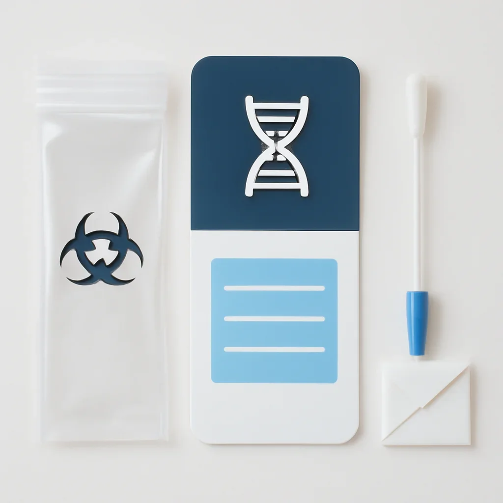 Close view of a home pharmacogenetic testing kit and instructions