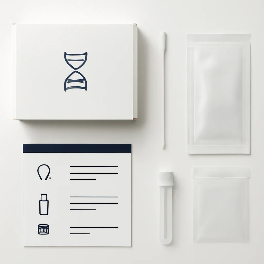 Close view of a home pharmacogenetic testing kit and instructions