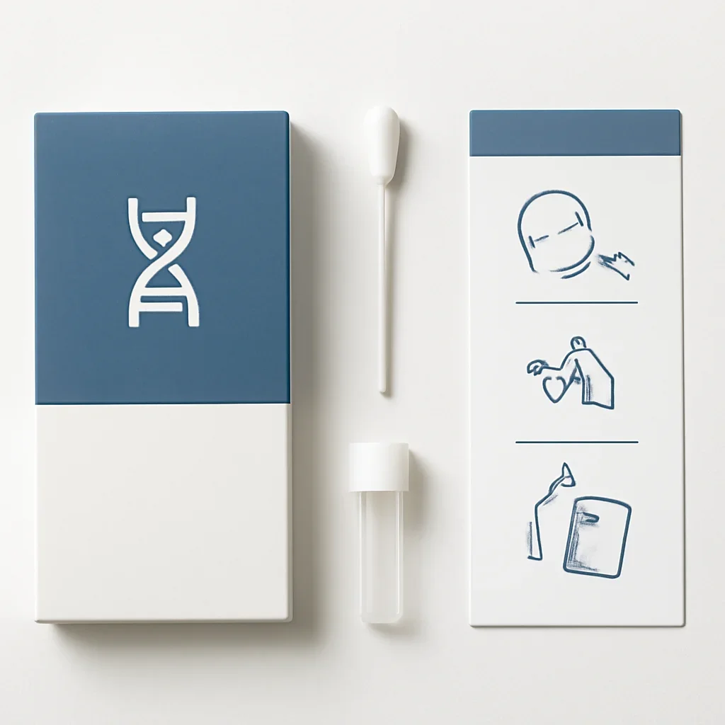 Close view of a home pharmacogenetic testing kit and instructions