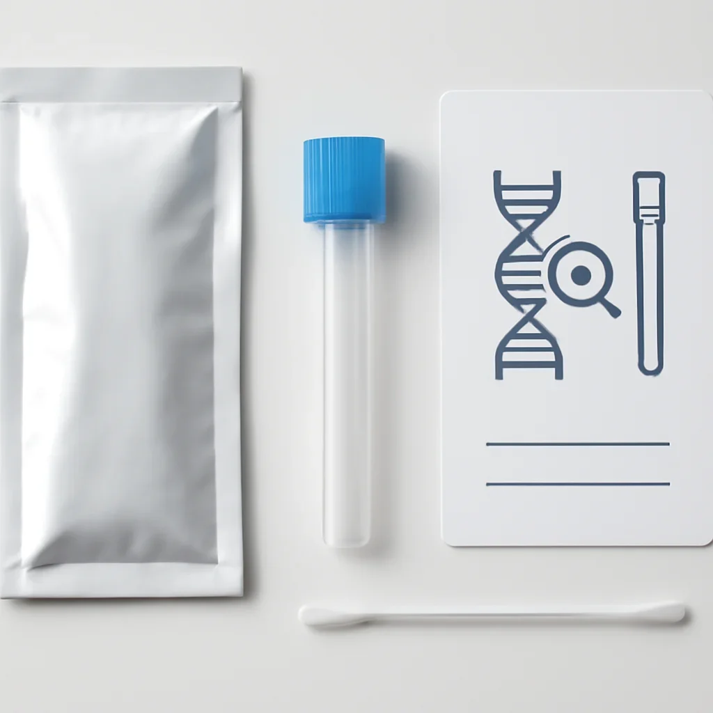 Close view of a home pharmacogenetic testing kit and instructions