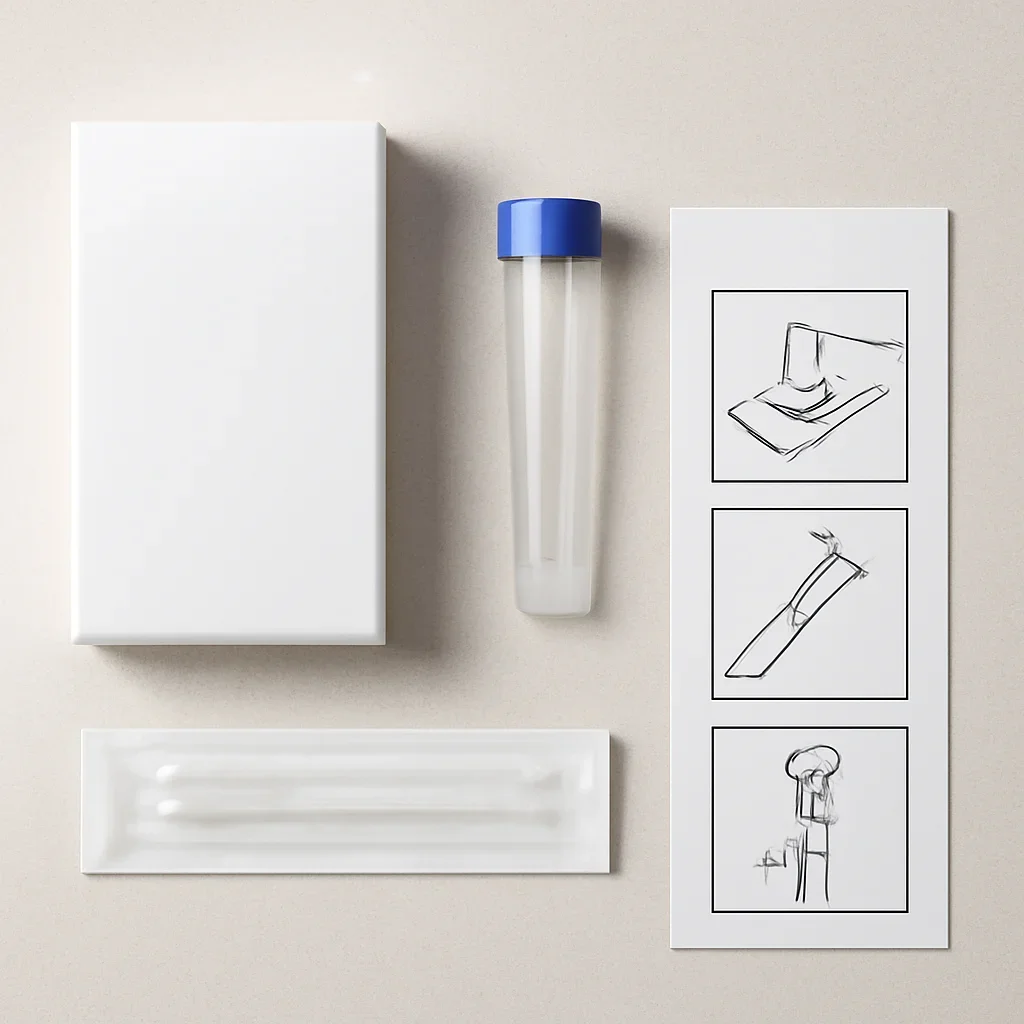 Microbiome stool sample kit with collection guide on a clean countertop