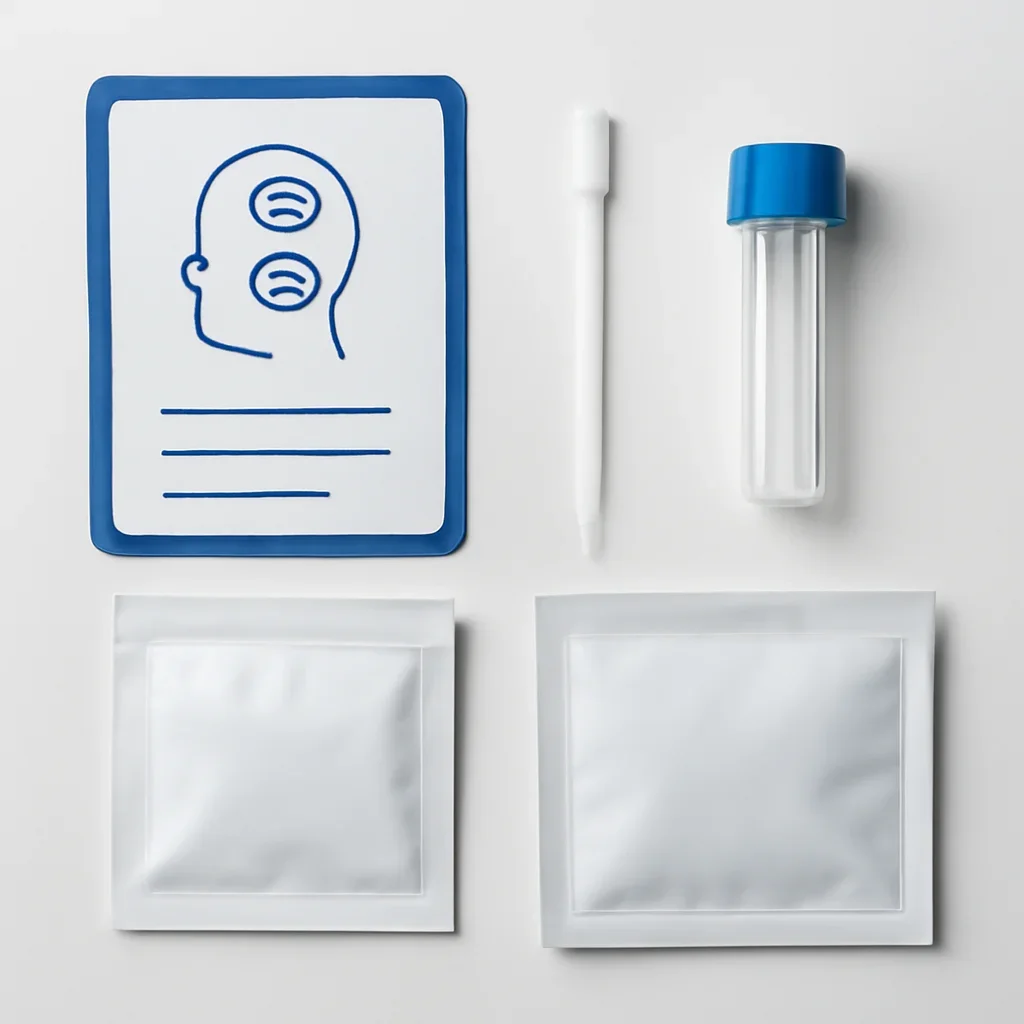 Close view of a home pharmacogenetic testing kit and instructions