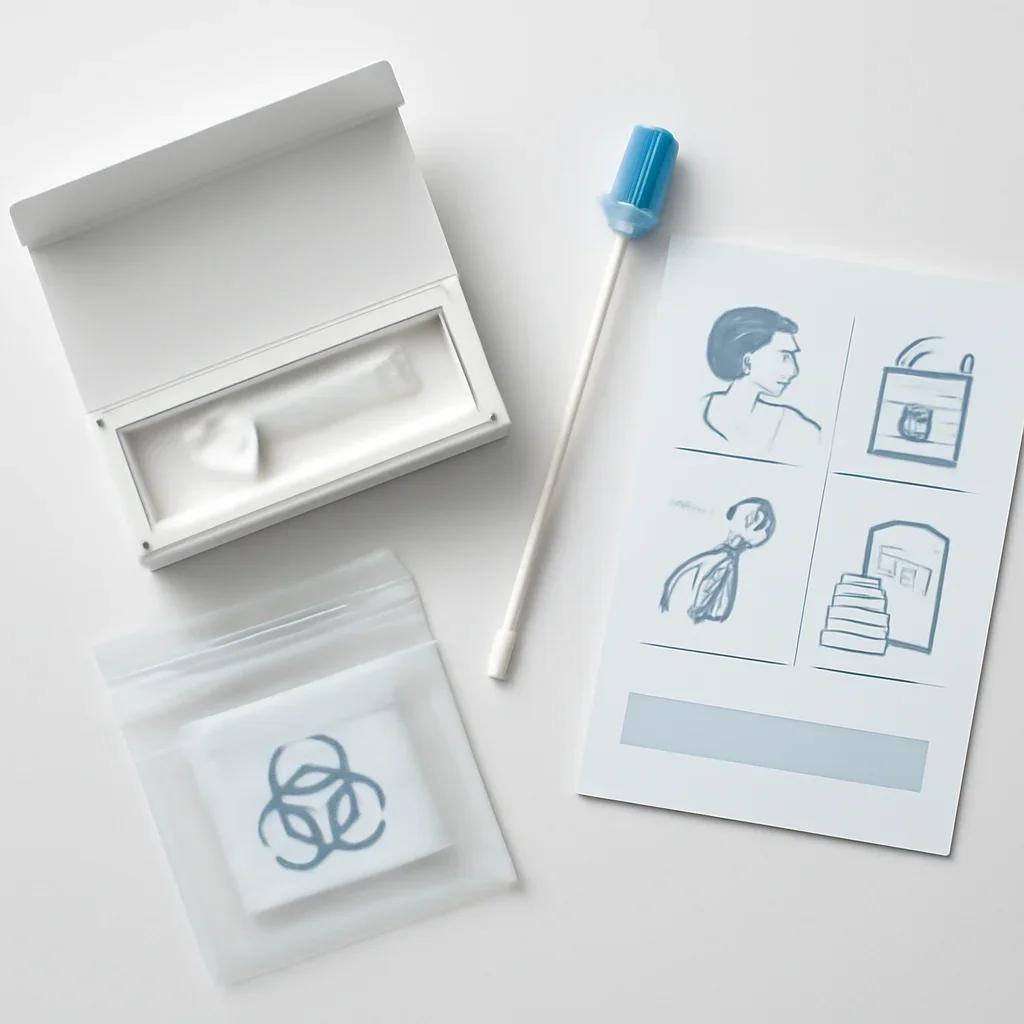Close view of a home pharmacogenetic testing kit and instructions