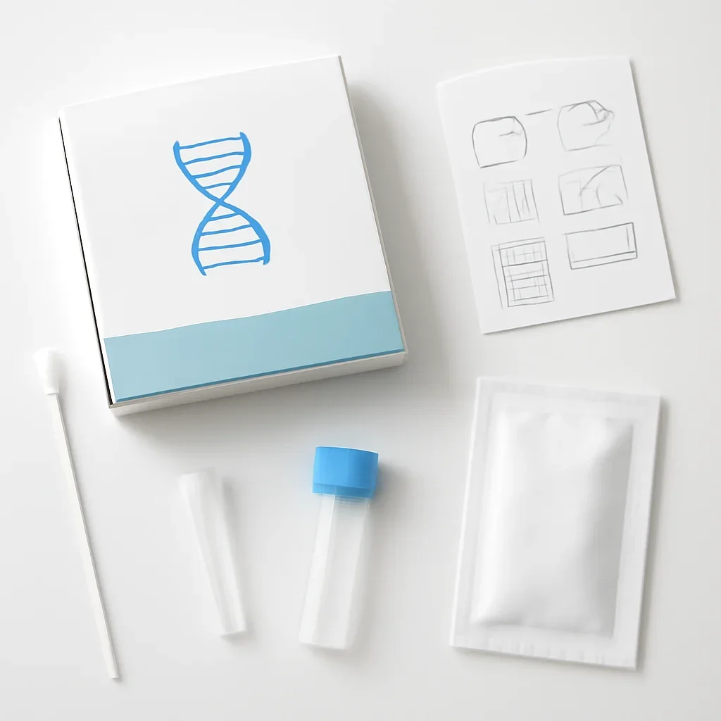 Close view of a home pharmacogenetic testing kit and instructions