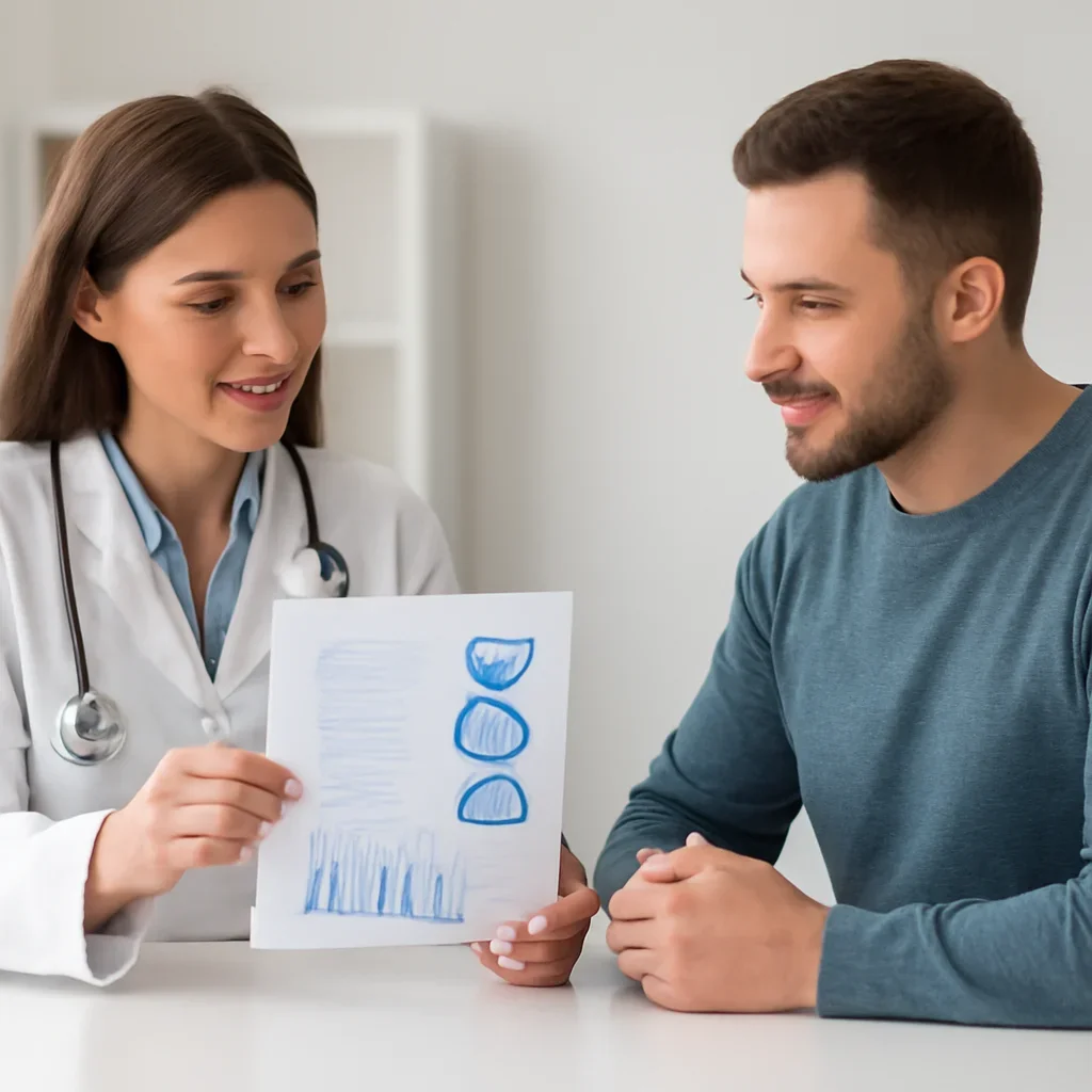 Clinician and patient discussing a medication-focused genetic report