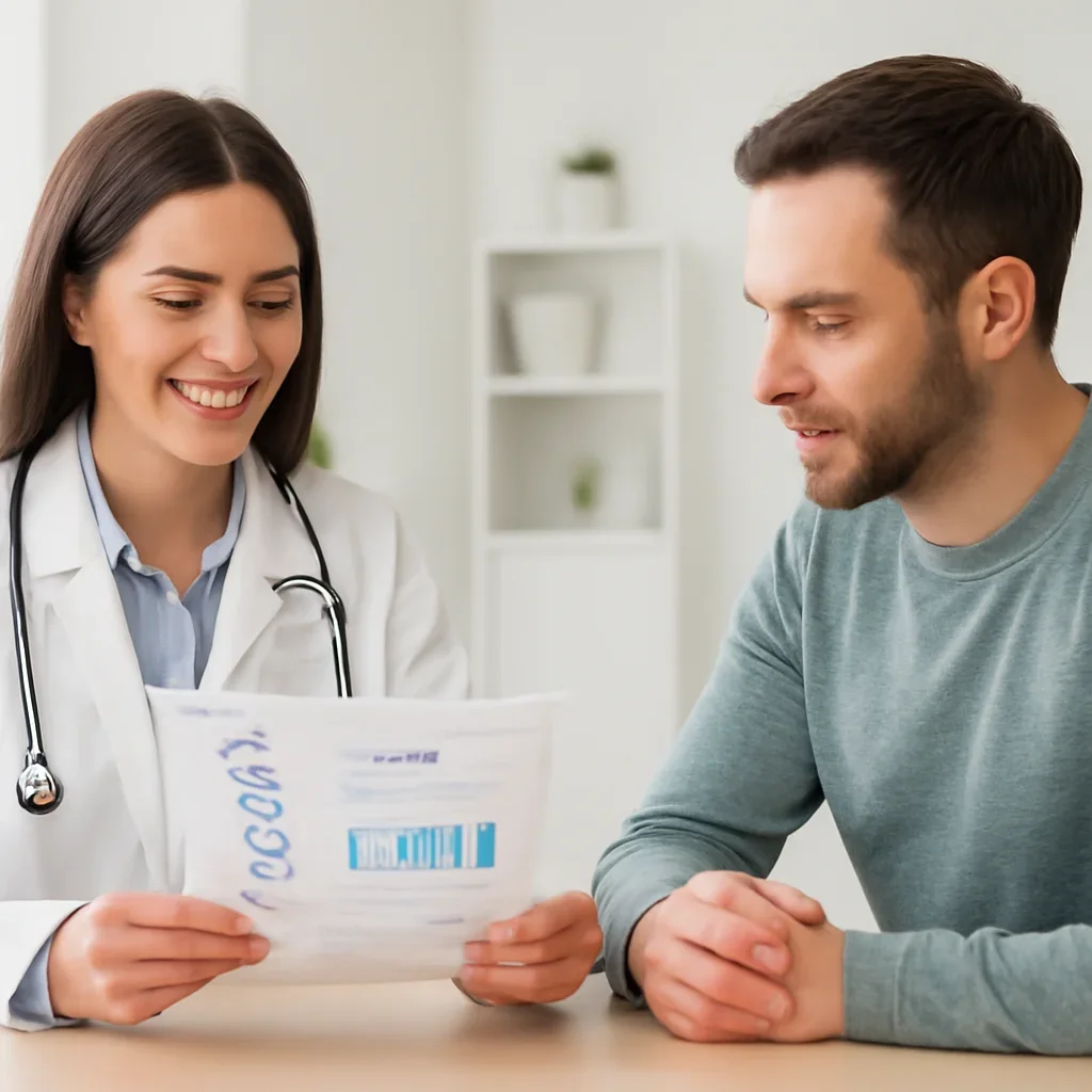 Clinician and patient discussing a medication-focused genetic report