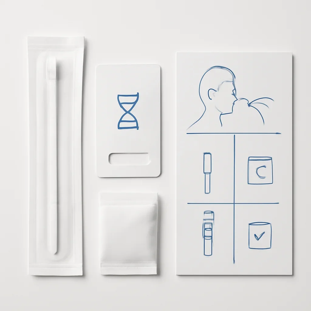 Close view of a home pharmacogenetic testing kit and instructions