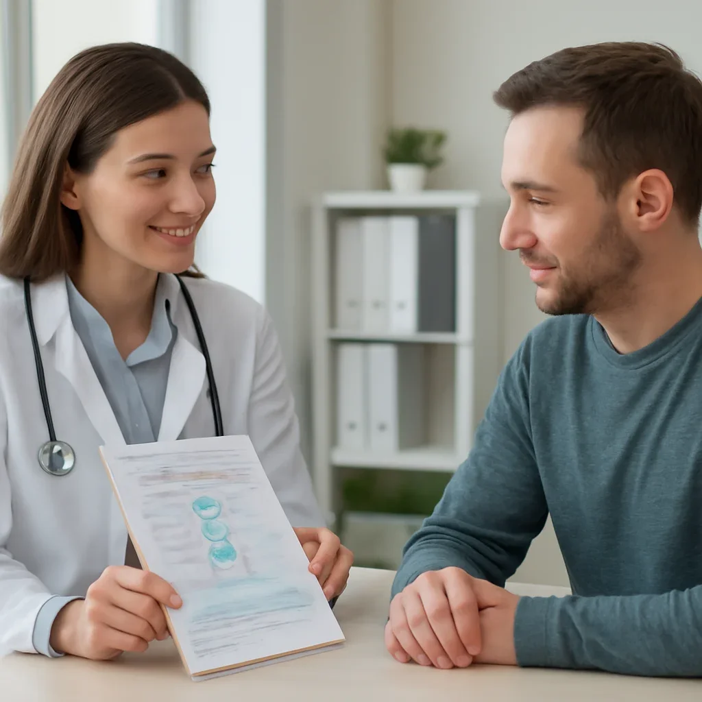 Clinician and patient discussing a medication-focused genetic report