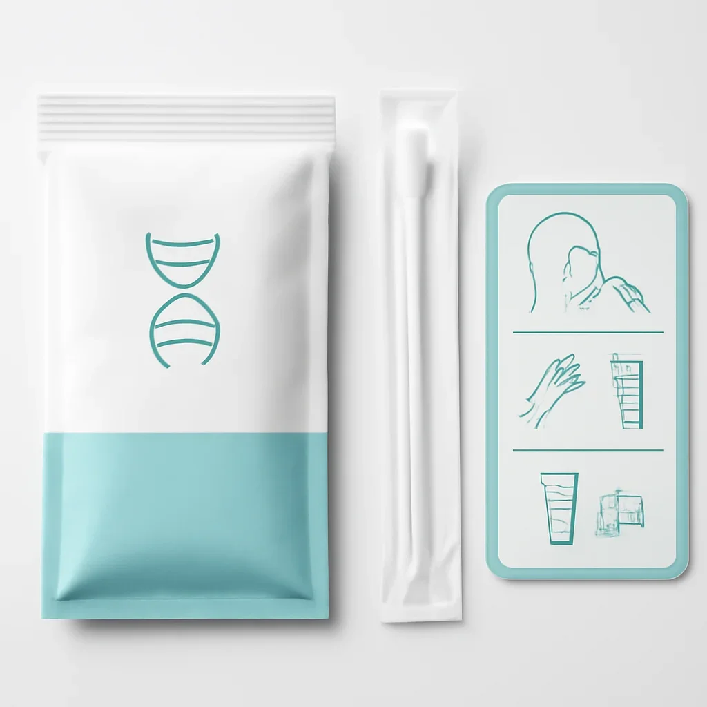Close view of a home pharmacogenetic testing kit and instructions