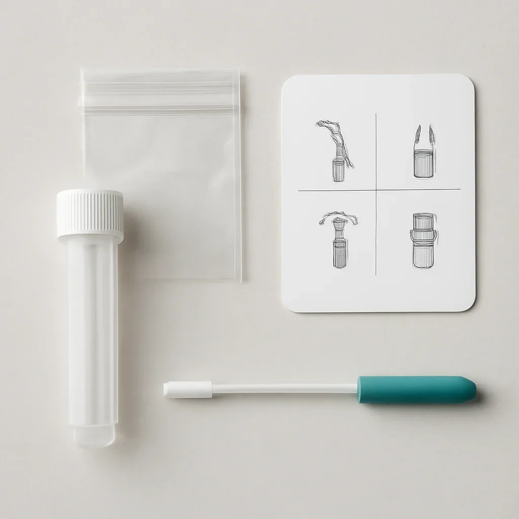 Microbiome stool sample kit with collection guide on a clean countertop