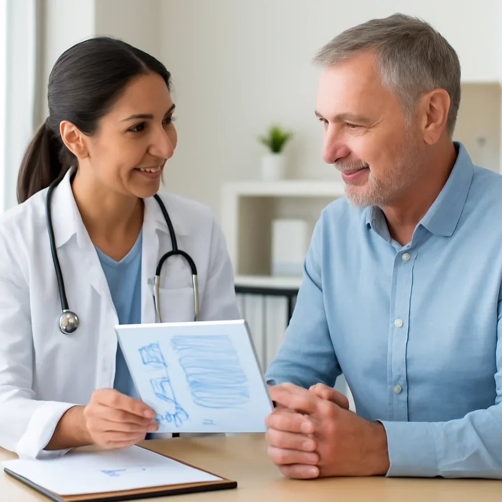 Clinician and patient discussing a medication-focused genetic report