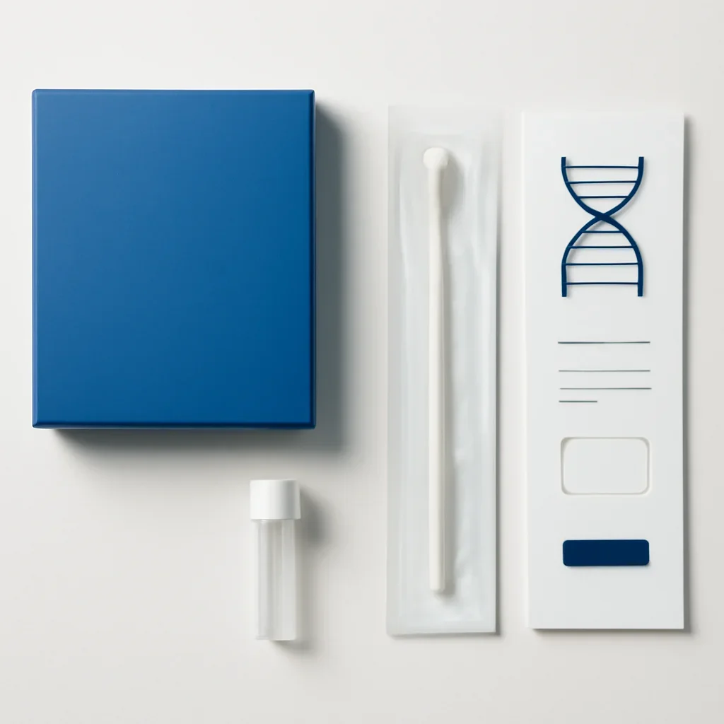 Close view of a home pharmacogenetic testing kit and instructions