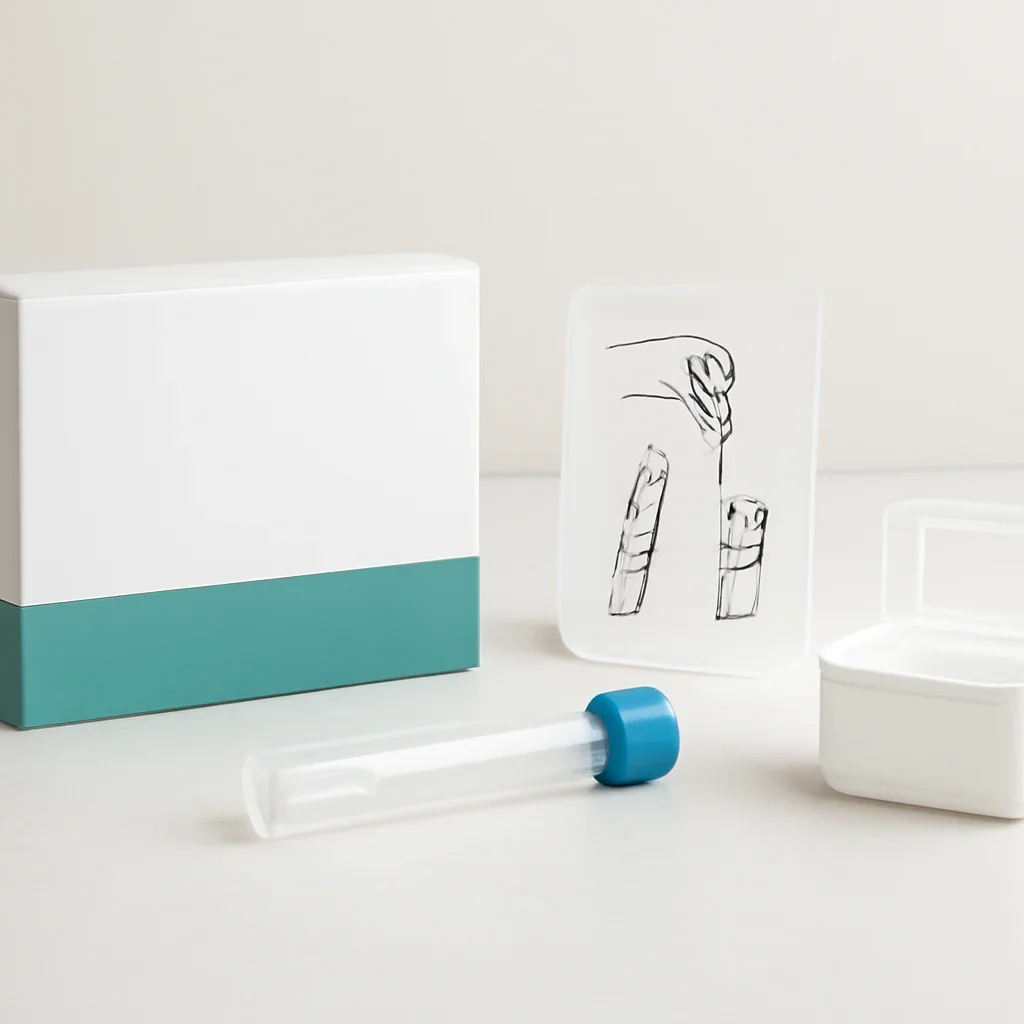 Microbiome stool sample kit with collection guide on a clean countertop