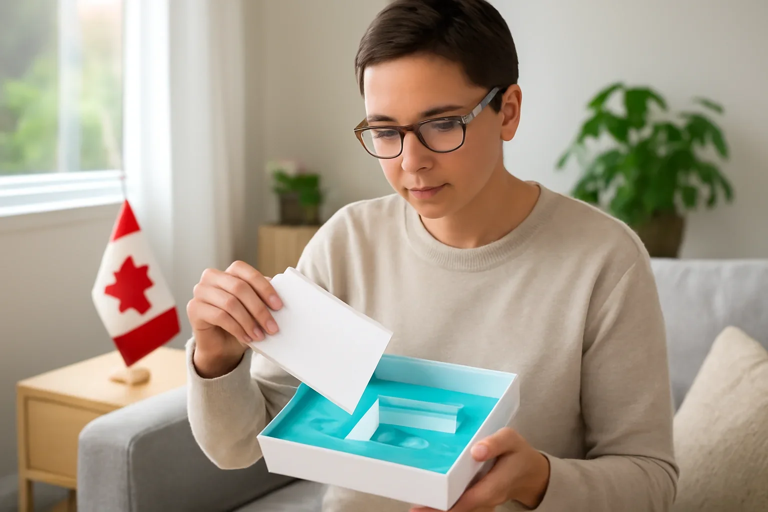 Person opening an at-home microbiome testing kit in Canada