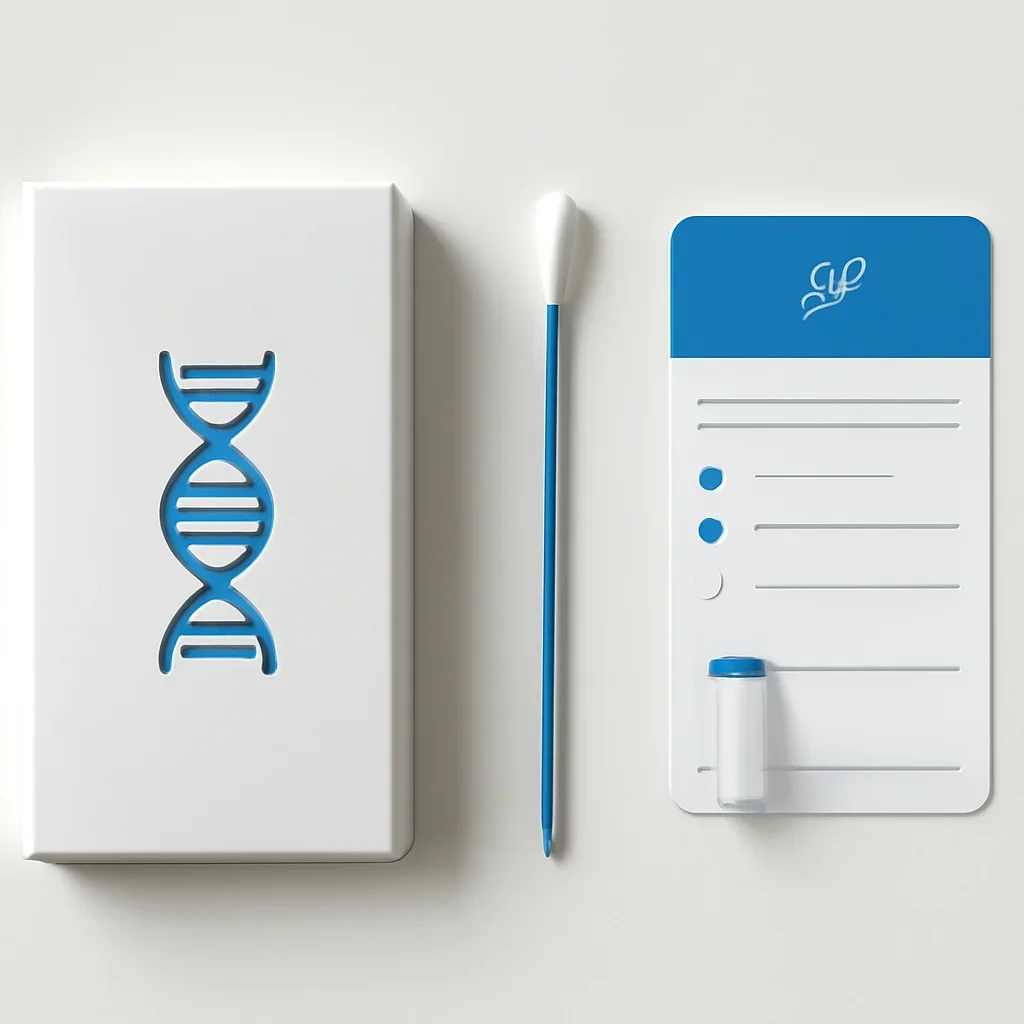 Close view of a home pharmacogenetic testing kit and instructions