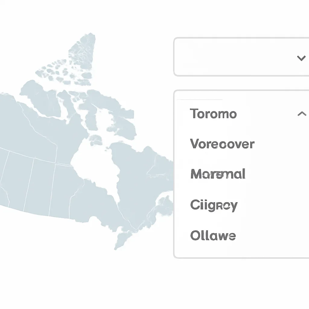 Province and city page selection visual for online testing in Canada
