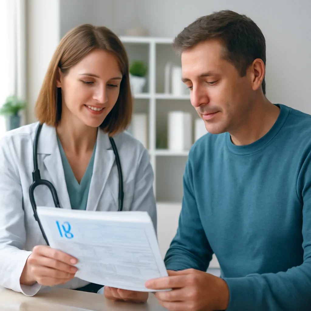 Clinician and patient discussing a medication-focused genetic report