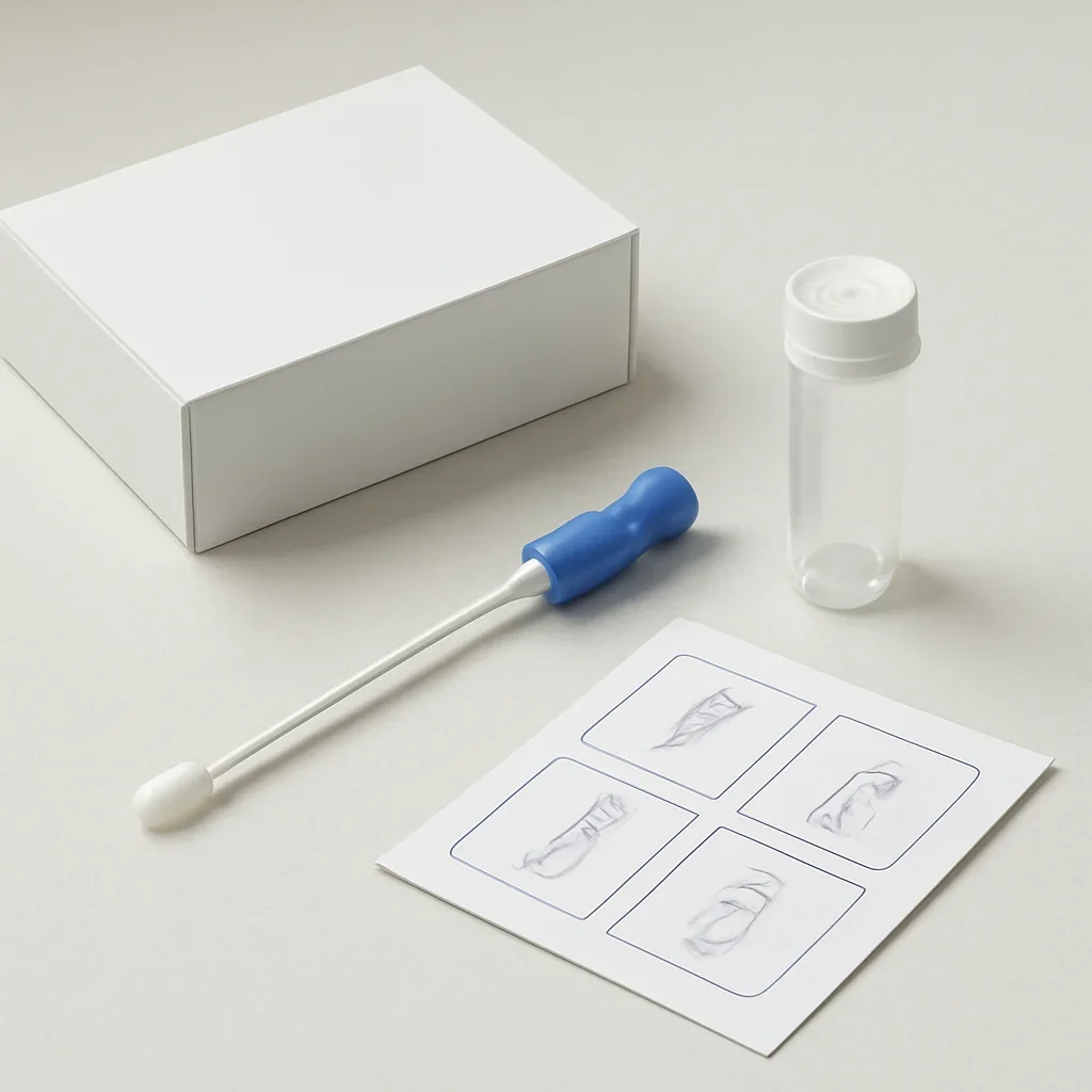 Microbiome stool sample kit with collection guide on a clean countertop