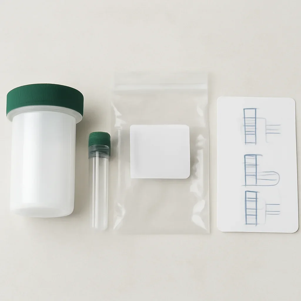 Microbiome stool sample kit with collection guide on a clean countertop