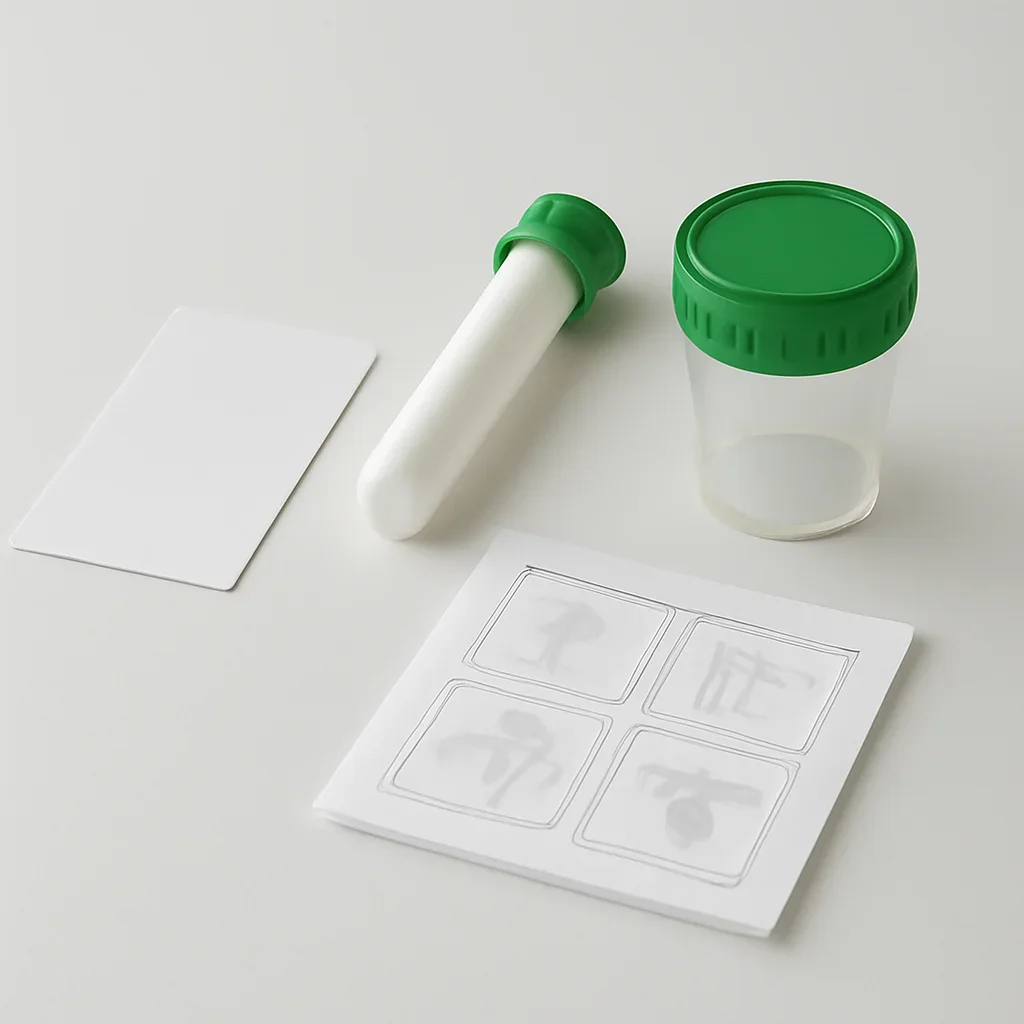 Microbiome stool sample kit with collection guide on a clean countertop