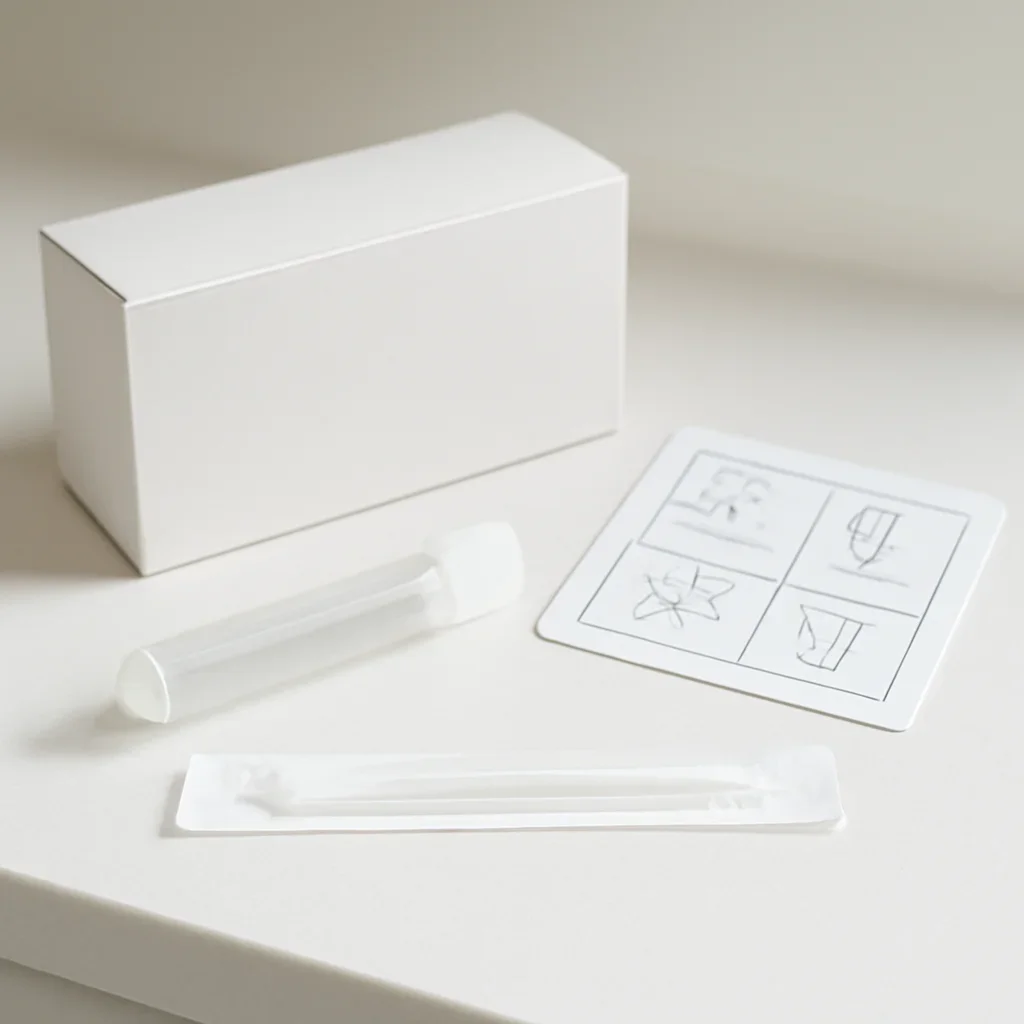 Microbiome stool sample kit with collection guide on a clean countertop