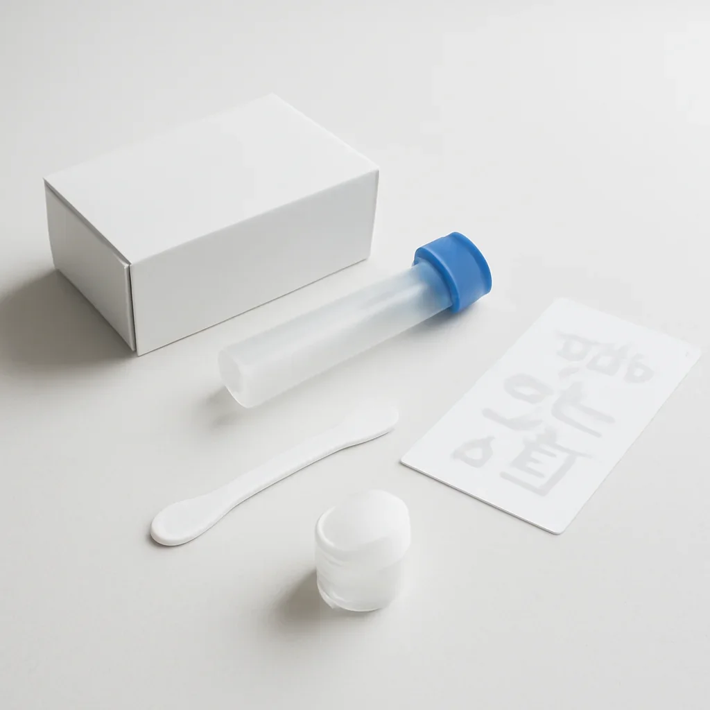 Microbiome stool sample kit with collection guide on a clean countertop
