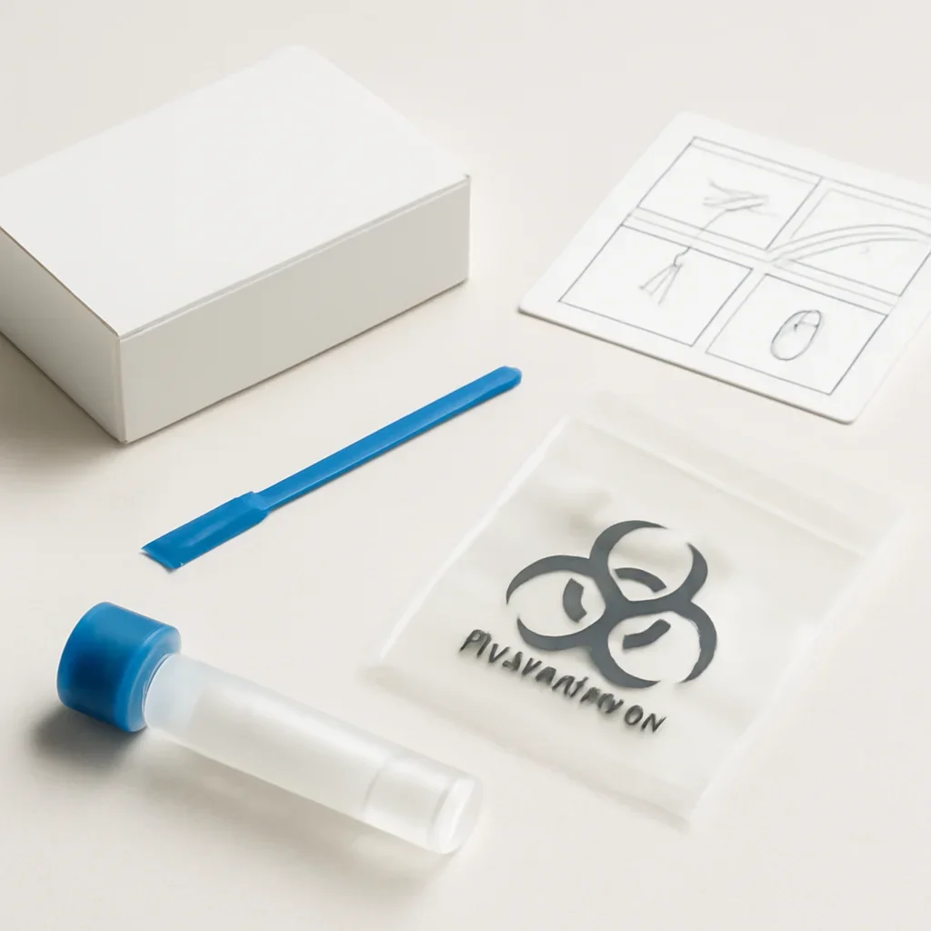 Microbiome stool sample kit with collection guide on a clean countertop