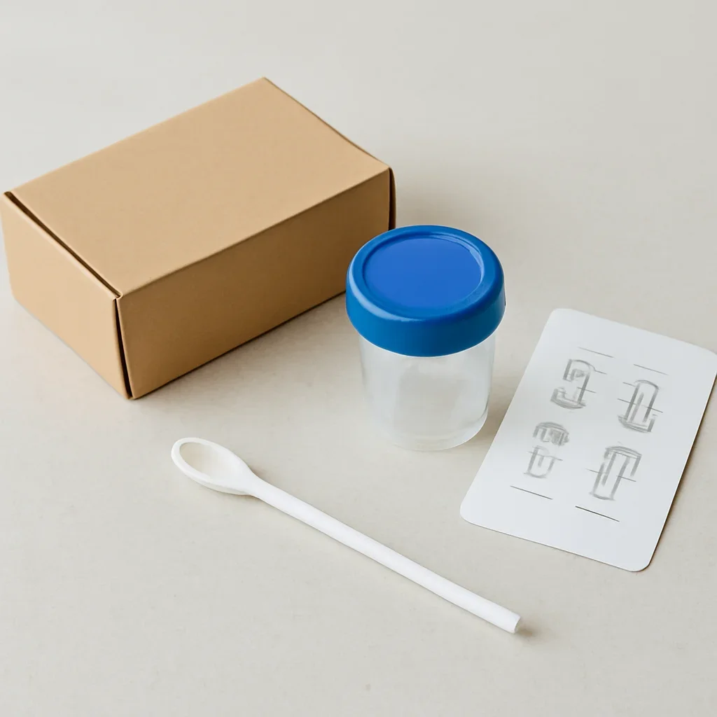 Microbiome stool sample kit with collection guide on a clean countertop