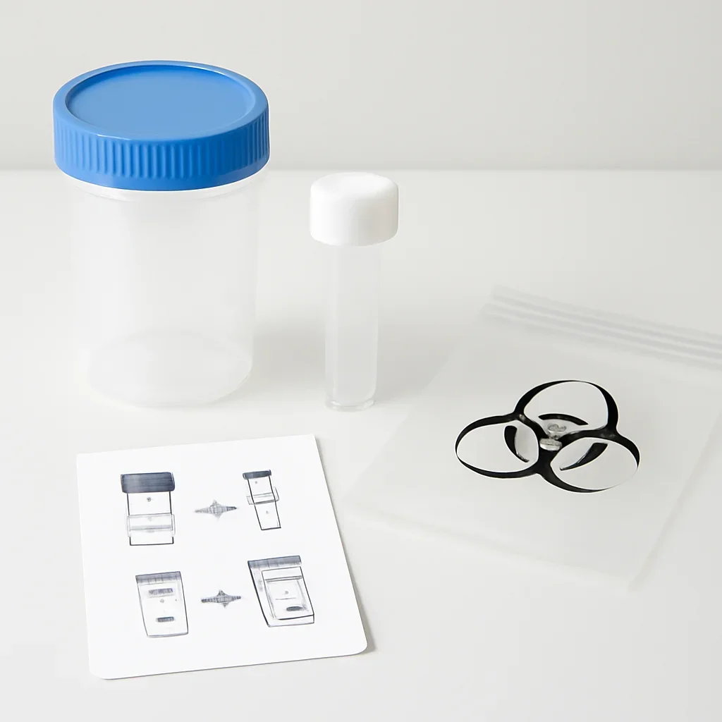 Microbiome stool sample kit with collection guide on a clean countertop