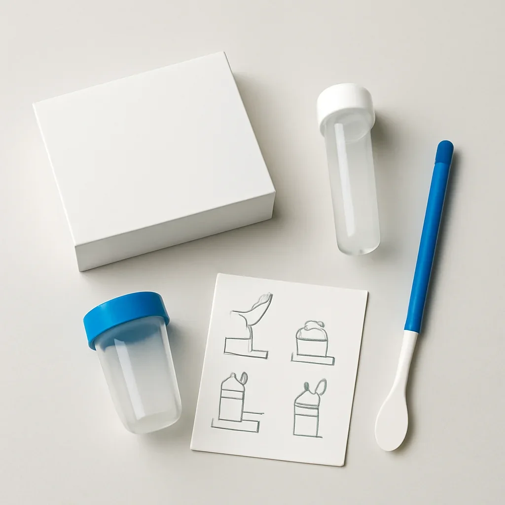 Microbiome stool sample kit with collection guide on a clean countertop