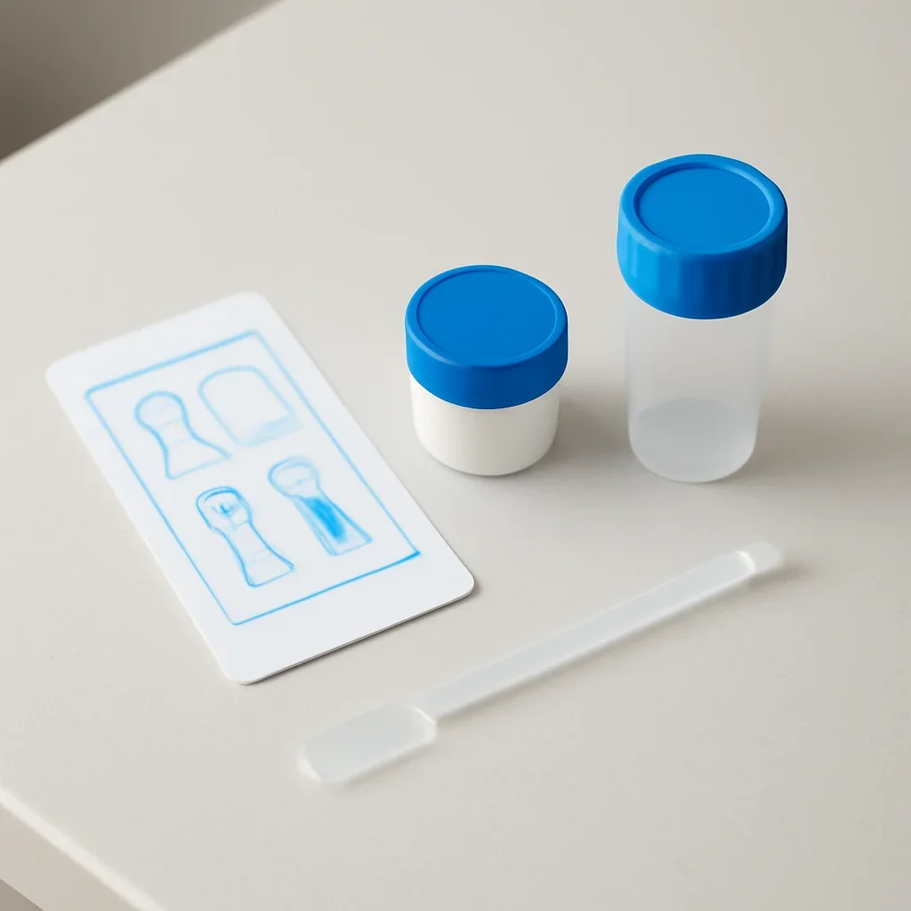 Microbiome stool sample kit with collection guide on a clean countertop