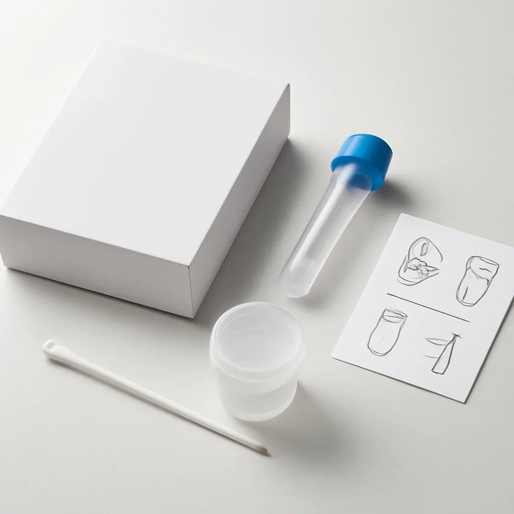 Microbiome stool sample kit with collection guide on a clean countertop
