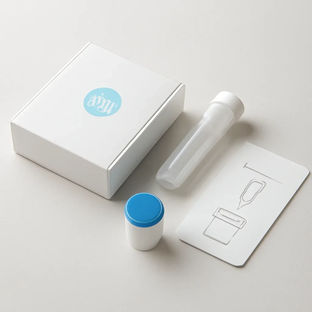Microbiome stool sample kit with collection guide on a clean countertop