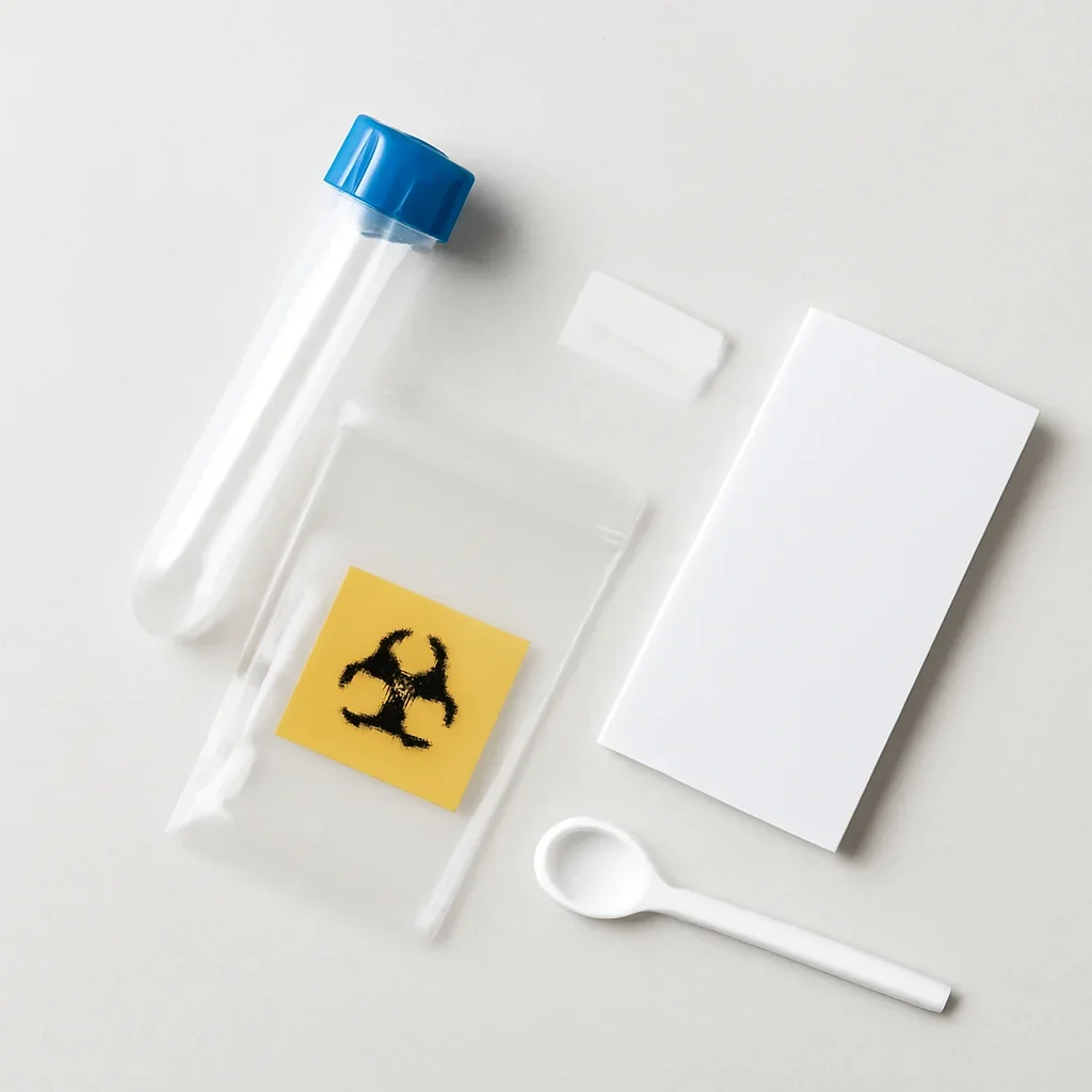 Microbiome stool sample kit with collection guide on a clean countertop