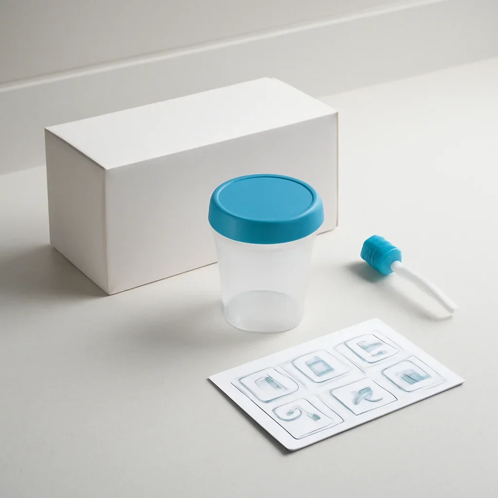 Microbiome stool sample kit with collection guide on a clean countertop