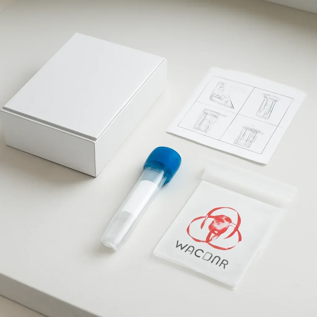 Microbiome stool sample kit with collection guide on a clean countertop