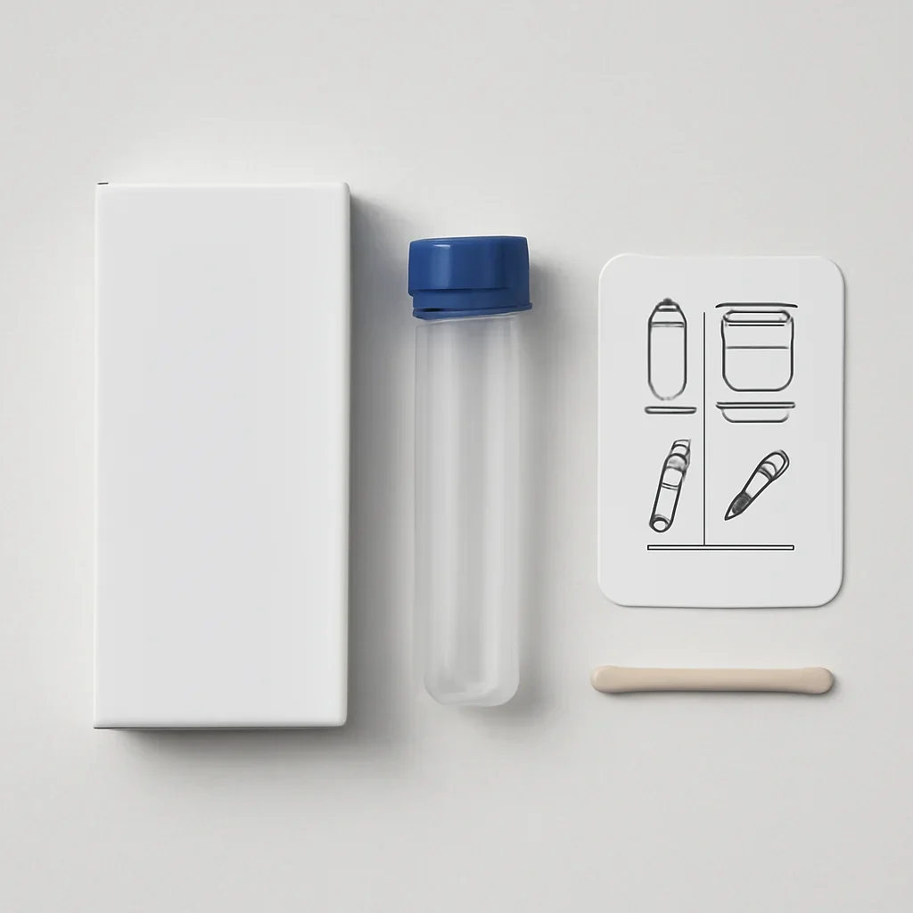 Microbiome stool sample kit with collection guide on a clean countertop