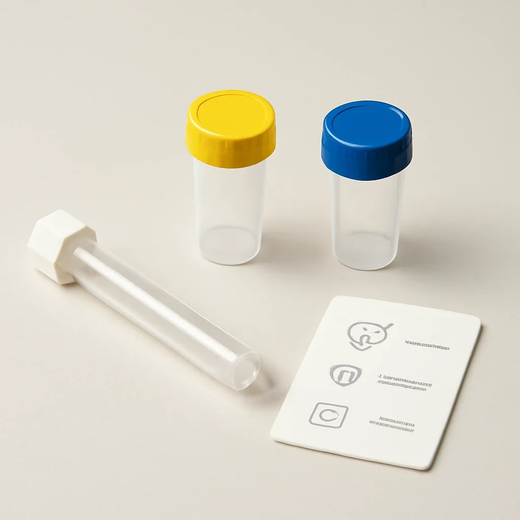 Microbiome stool sample kit with collection guide on a clean countertop