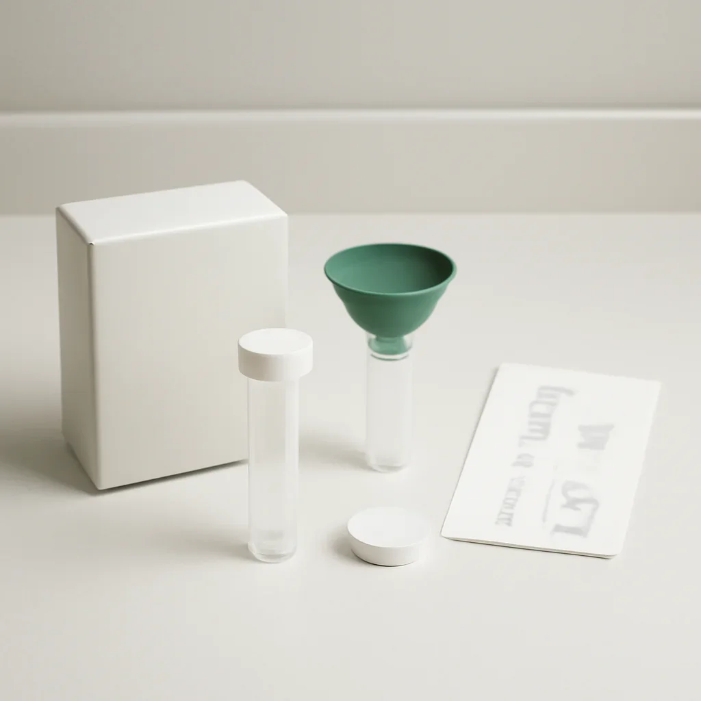 Microbiome stool sample kit with collection guide on a clean countertop