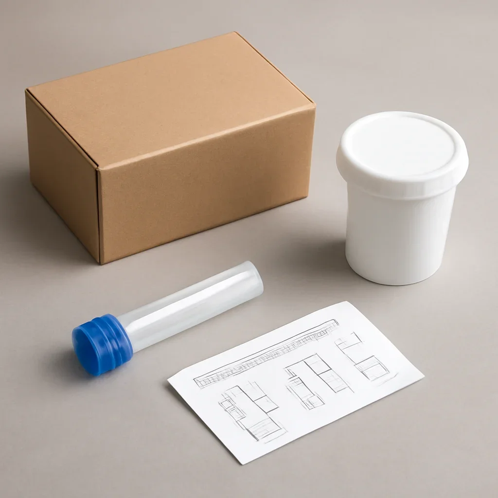 Microbiome stool sample kit with collection guide on a clean countertop