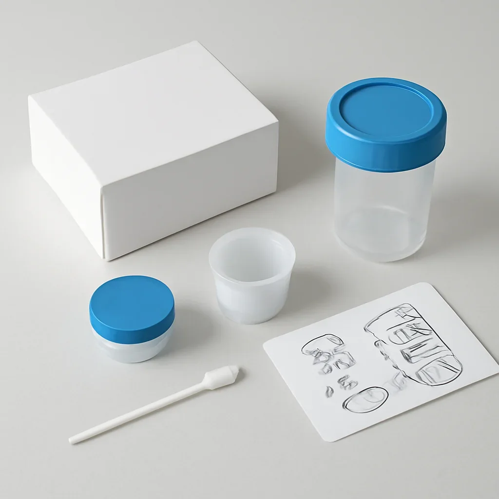 Microbiome stool sample kit with collection guide on a clean countertop